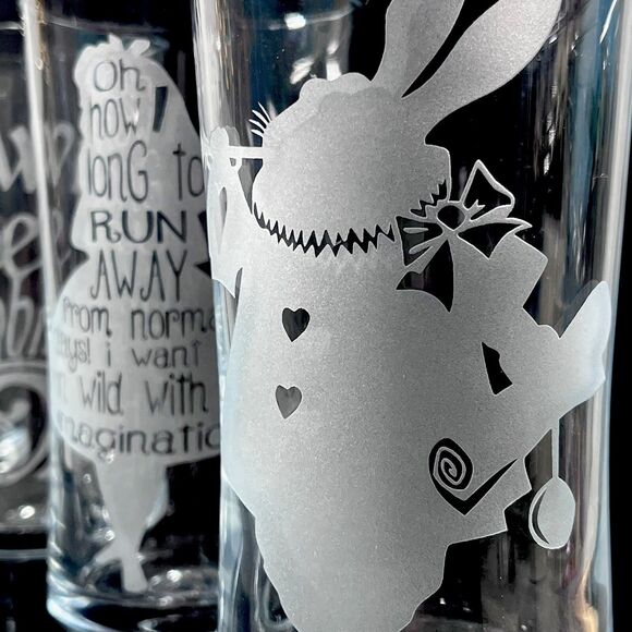 Alice In Wonderland Parfait Etched Glass Set of 4 Custom Made Footed Clear OOAK - Picture 7 of 10